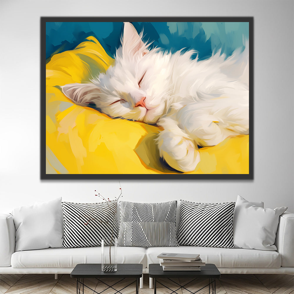 White Cat Sleeping on Yellow Pillow Paint by Numbers