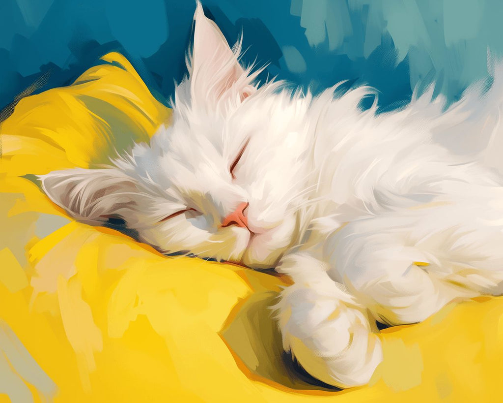 White Cat Sleeping on Yellow Pillow Paint by Numbers