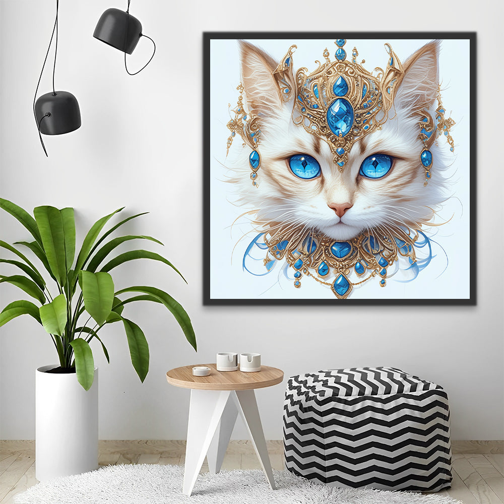 White Cat Wearing Blue Jewelry Paint by Numbers