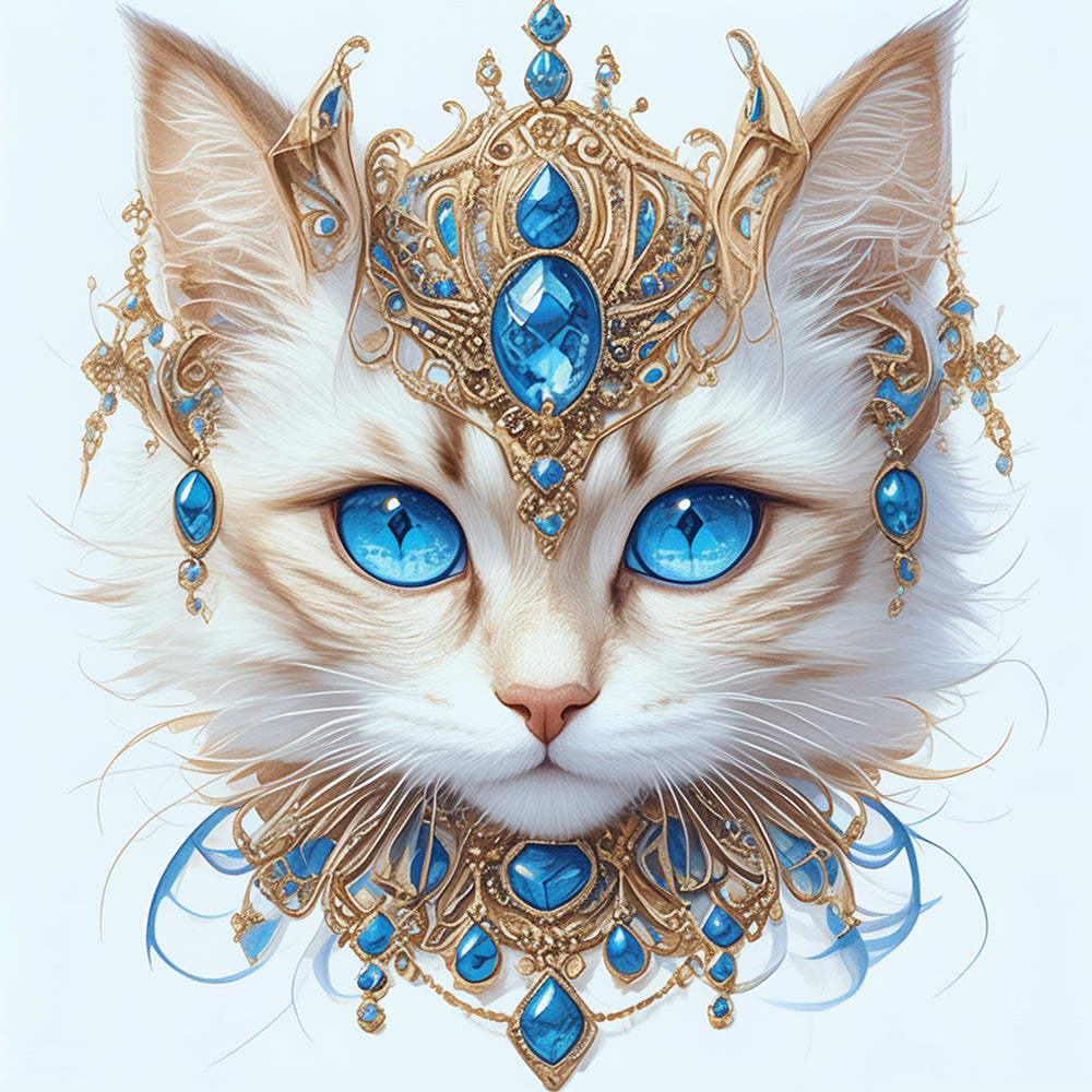 White Cat Wearing Blue Jewelry Paint by Numbers