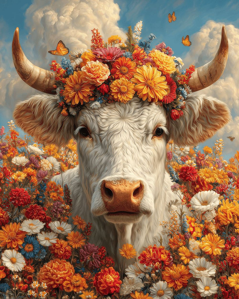 White Cow among Orange Chrysanthemums Paint by Numbers