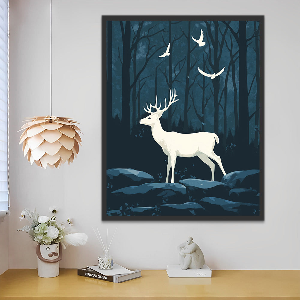 White Deer and Birds in the Forest at Night Paint by Numbers