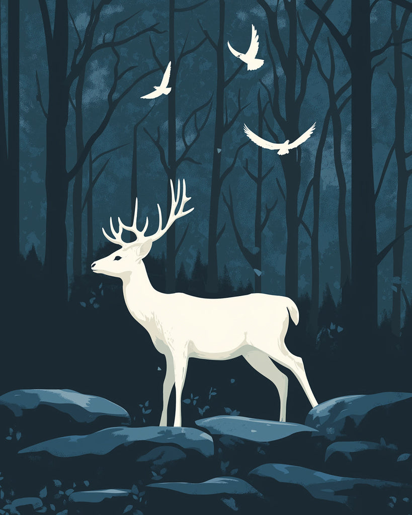 White Deer and Birds in the Forest at Night Paint by Numbers