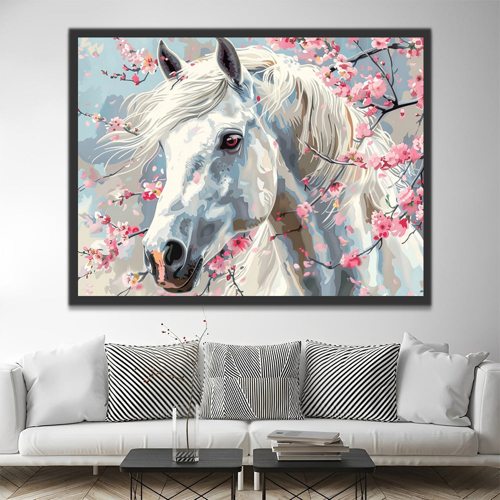 White Horse and Peach Blossom Paint by Numbers