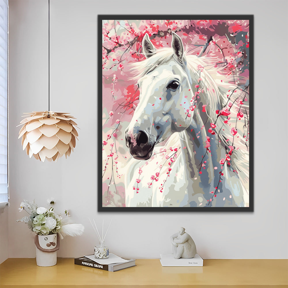 White Horse and Pink Flowers Paint by Numbers