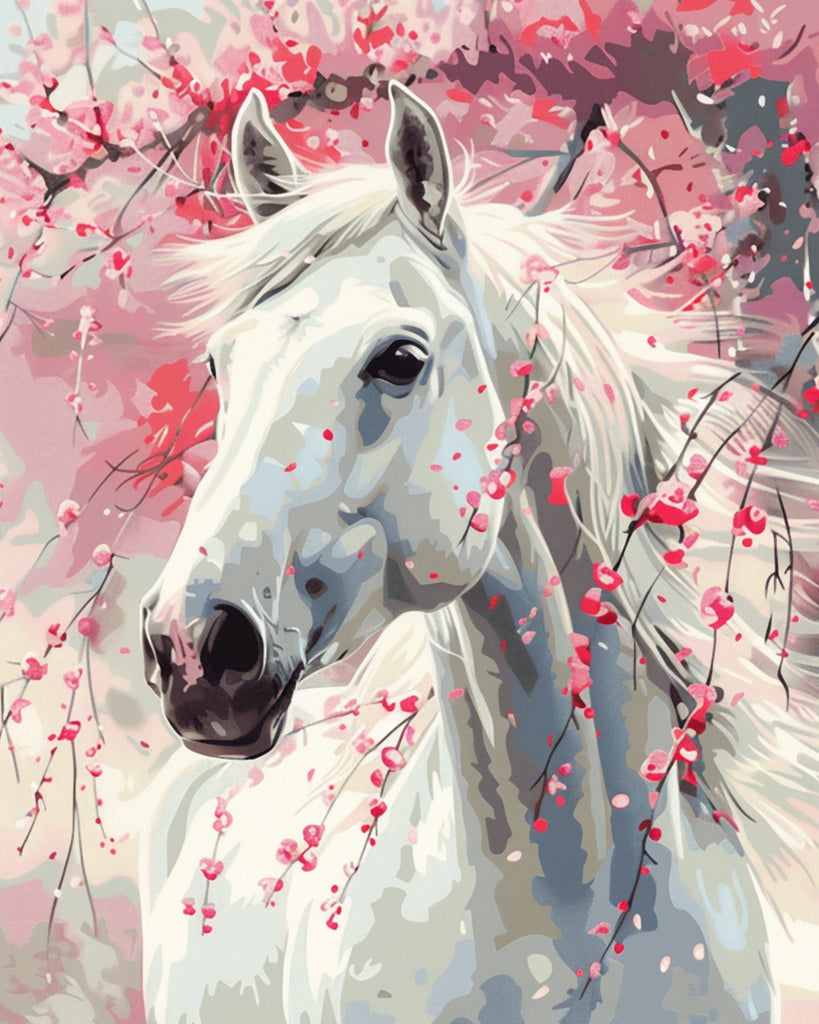 White Horse and Pink Flowers Paint by Numbers