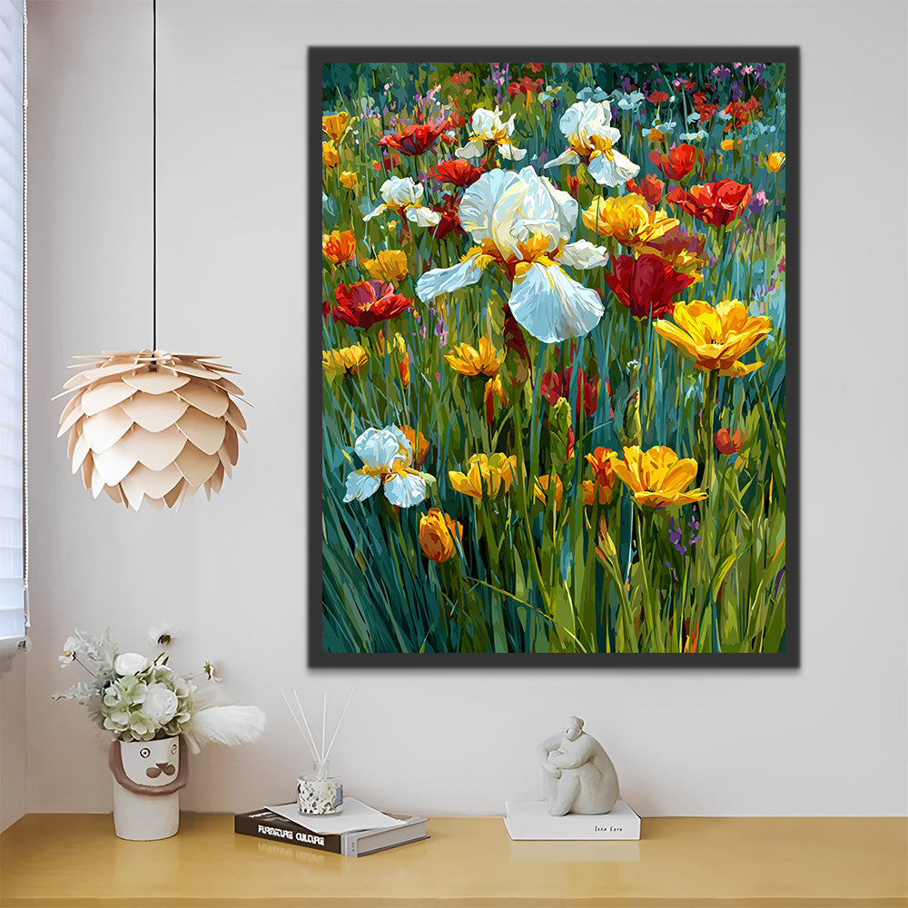 White Irises among Colorful Wildflowers Paint by Numbers