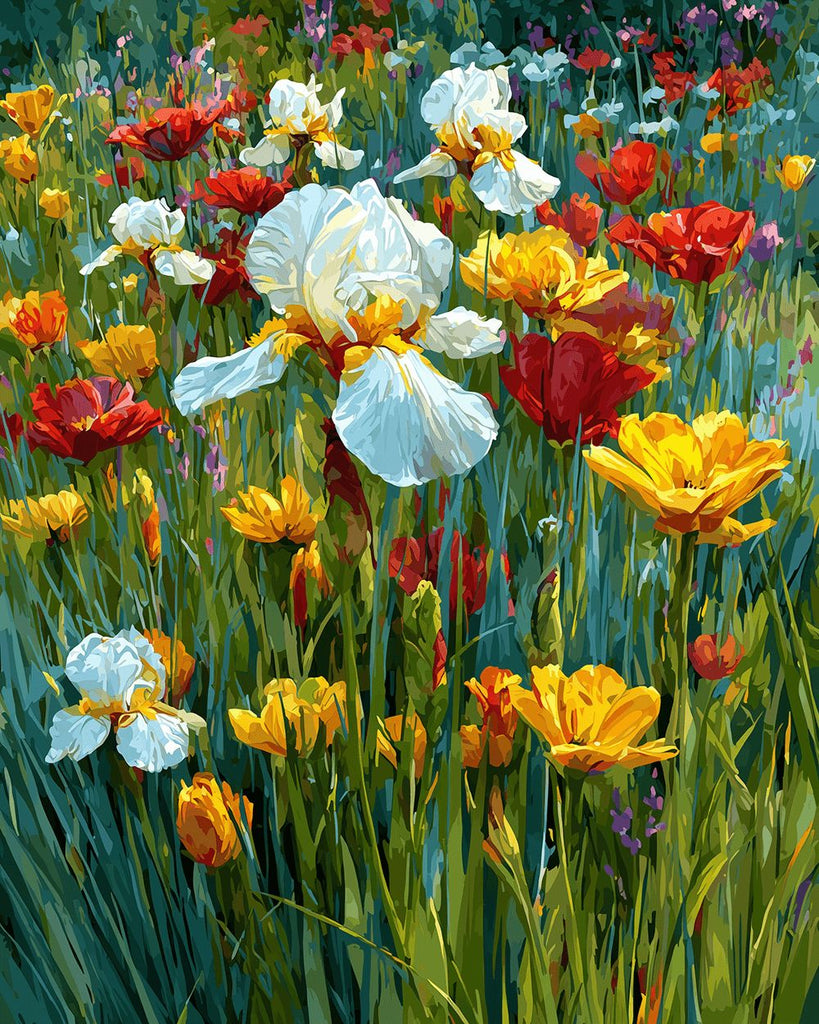 White Irises among Colorful Wildflowers Paint by Numbers