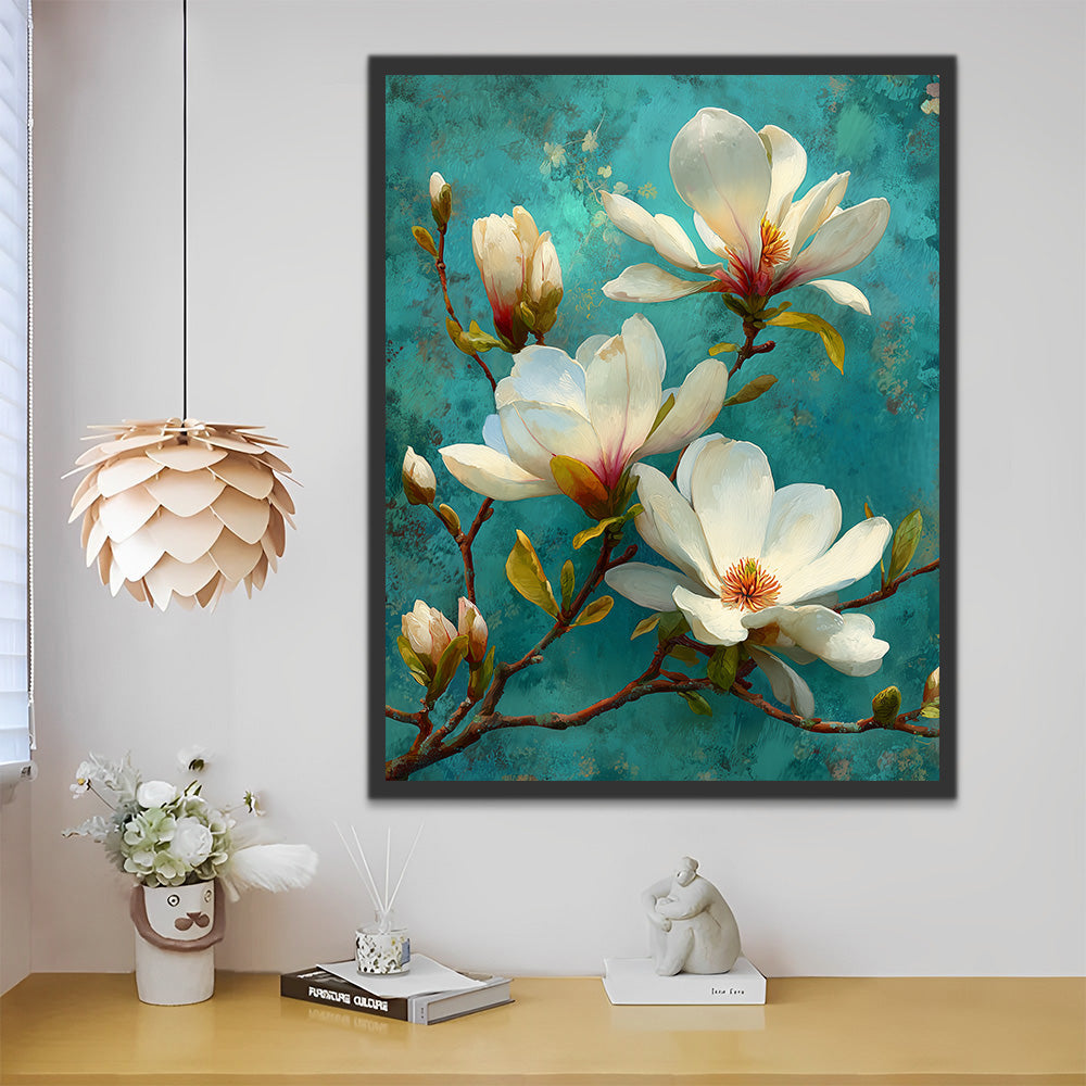 White Magnolia Flowers on Green Background Paint by Numbers