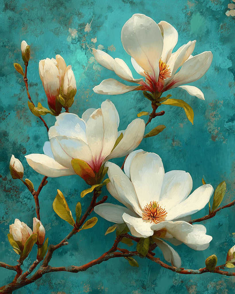 White Magnolia Flowers on Green Background Paint by Numbers