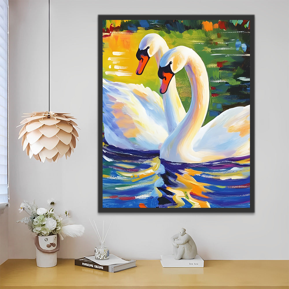 White Swan Couple in the Pond Paint by Numbers