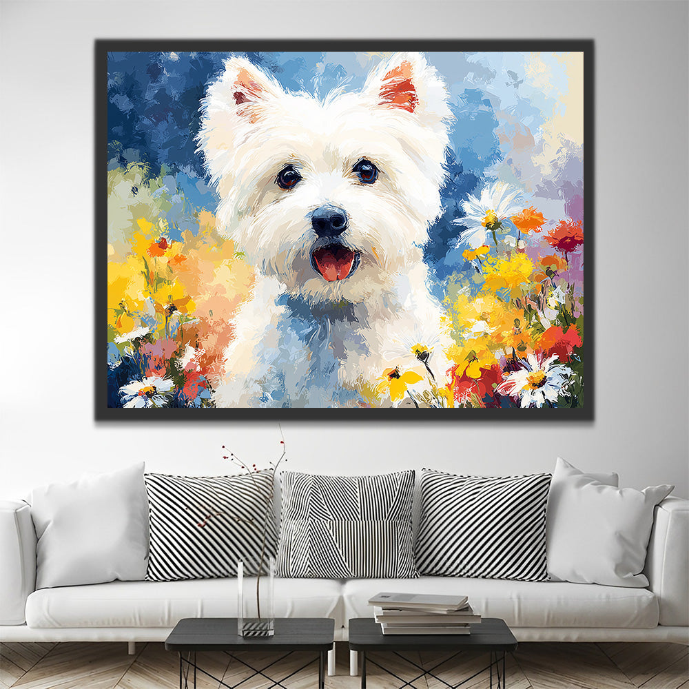 White Westie Terrier and Daisies Paint by Numbers