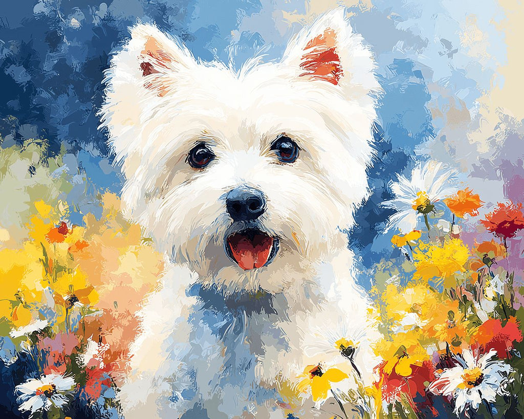 White Westie Terrier and Daisies Paint by Numbers