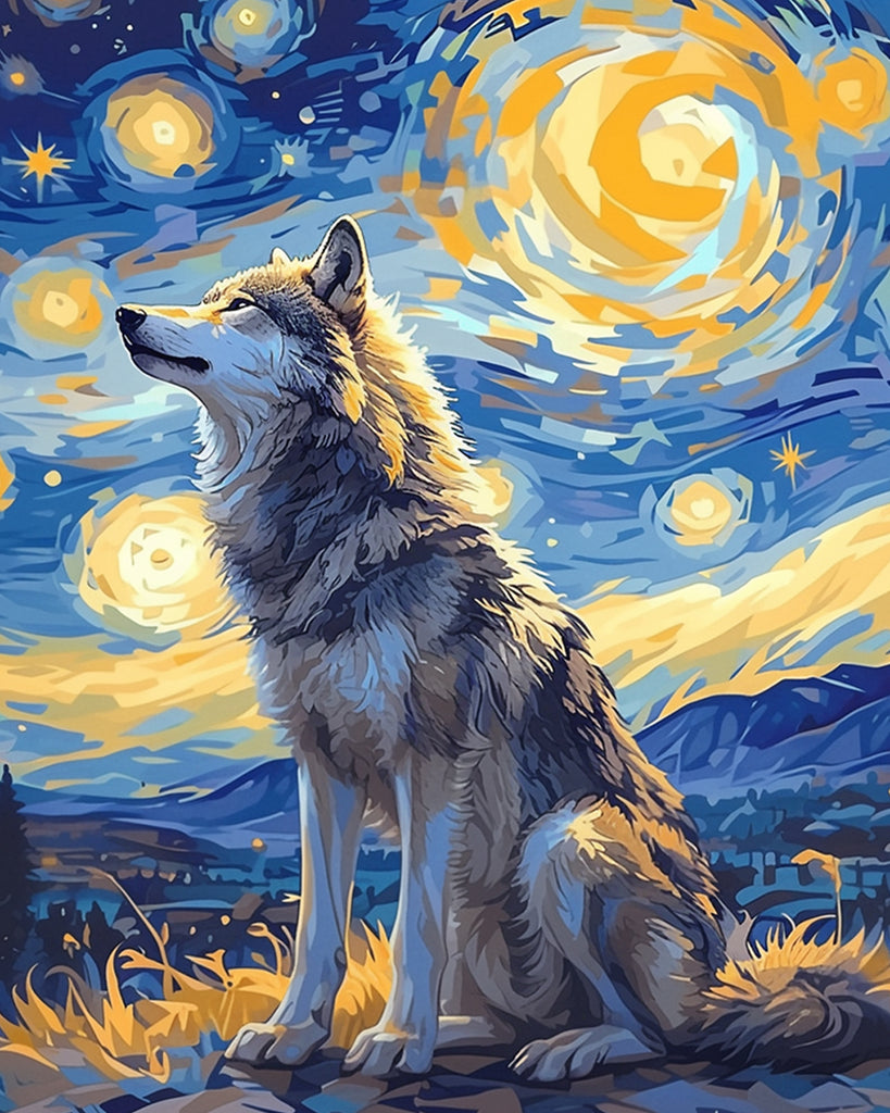 Wolf under the Starry Sky Paint by Numbers