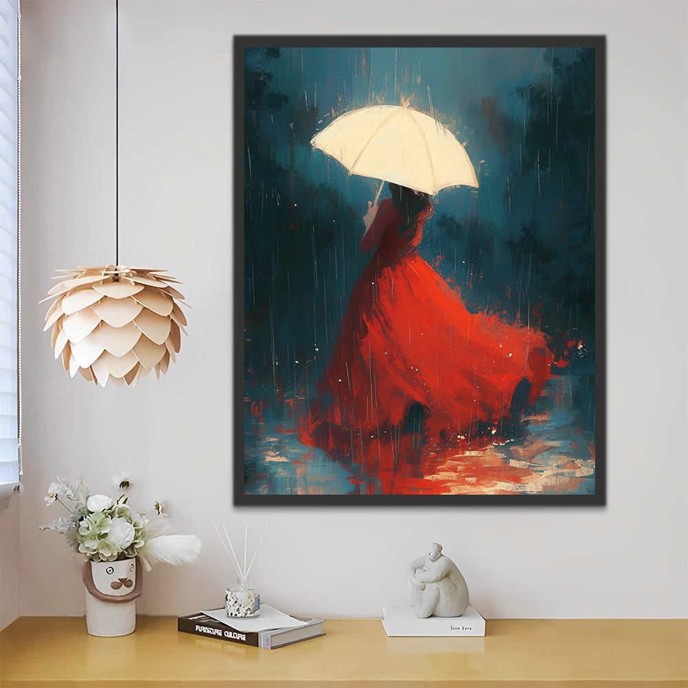 Woman in Red Holding Umbrella in the Rain Paint by Numbers