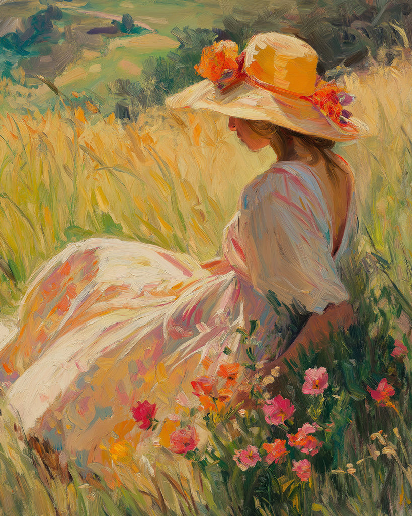 Woman Sitting in Flower Field Paint by Numbers