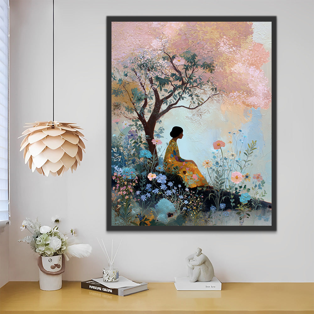 Woman Sitting under A Pink Tree Paint by Numbers