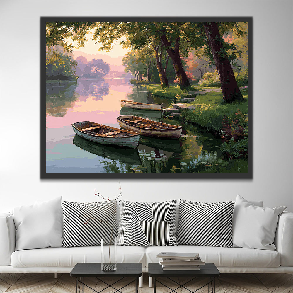 Wooden Boats on the River under the Trees Paint by Numbers
