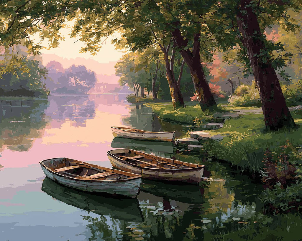 Wooden Boats on the River under the Trees Paint by Numbers
