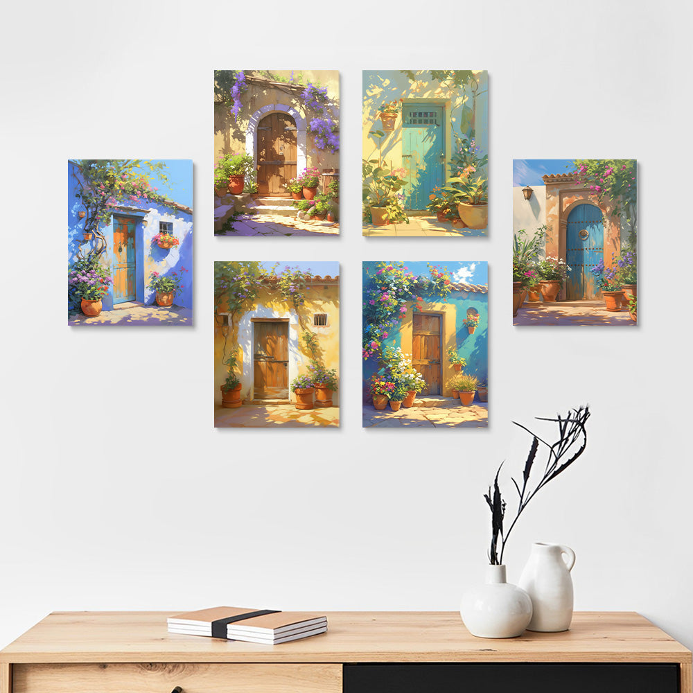 Wooden Door Covered With Flowers 6 Pieces Mini Paint by Numbers