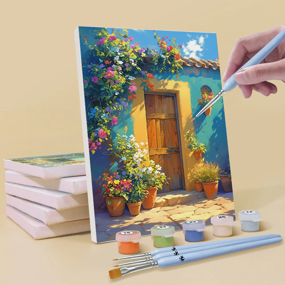 Wooden Door Covered With Flowers 6 Pieces Mini Paint by Numbers