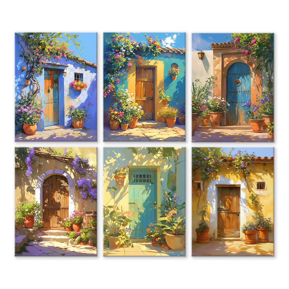 Wooden Door Covered With Flowers 6 Pieces Mini Paint by Numbers