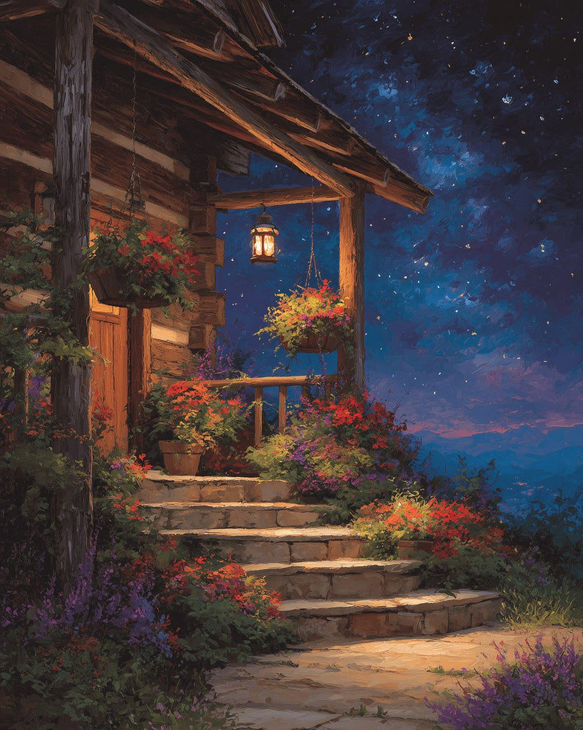 Wooden House full of Flowers under the Night Sky Paint by Numbers