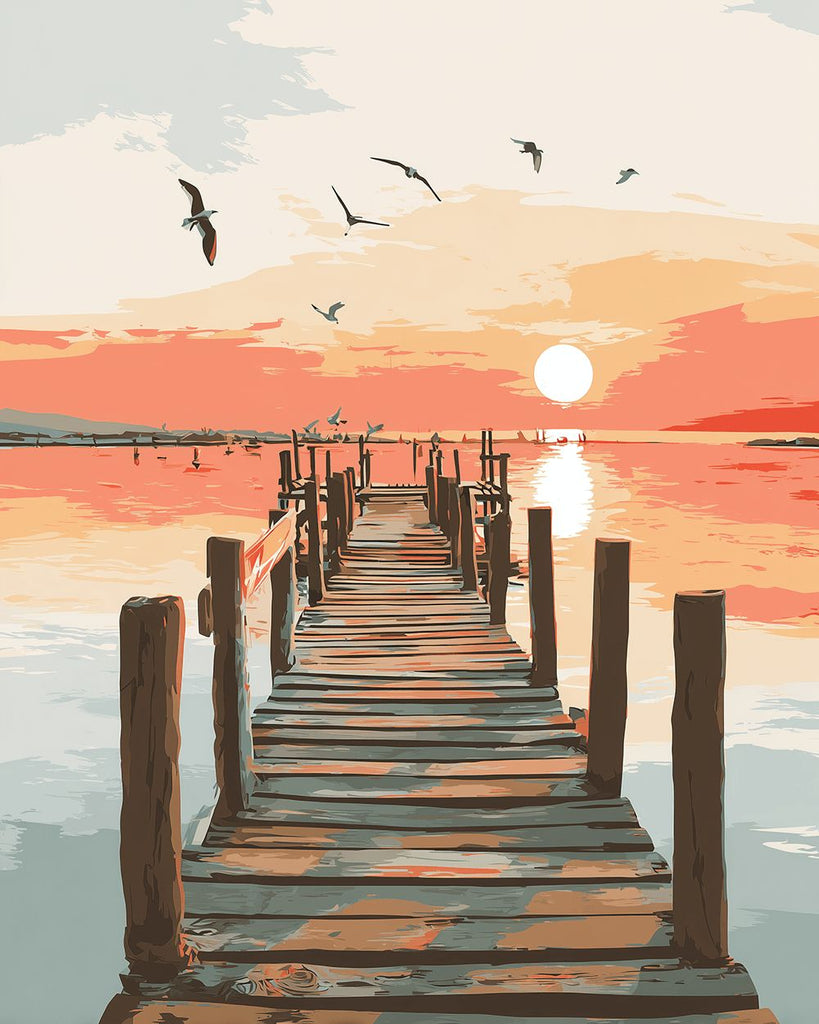 Wooden Pier on the Sea at Sunrise Paint by Numbers
