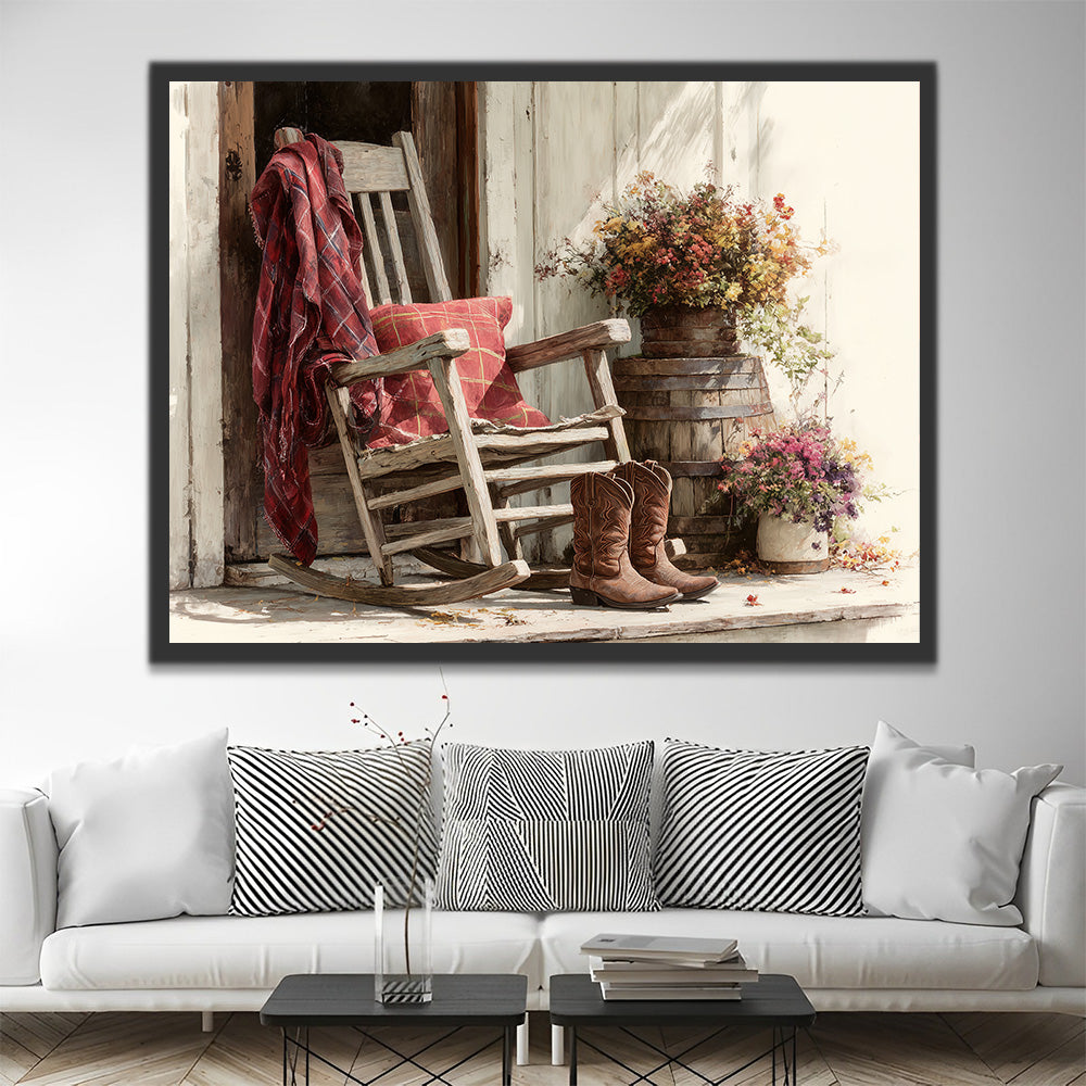 Wooden Rocking Chair and Red Boots Paint by Numbers