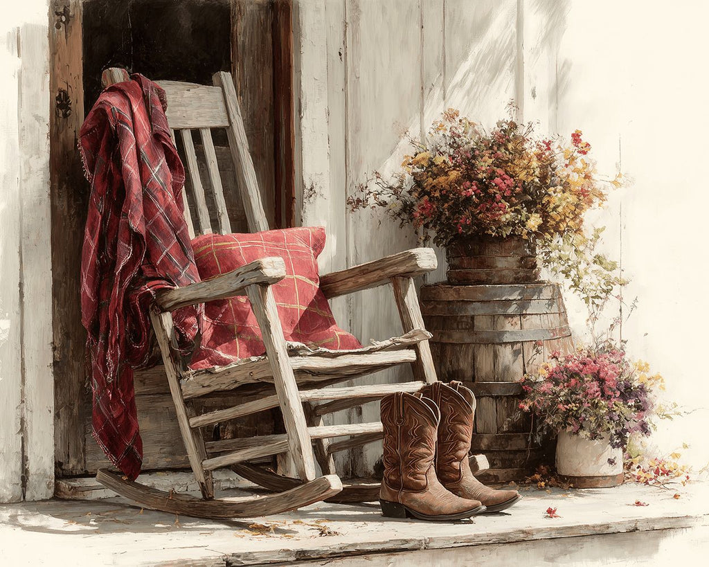 Wooden Rocking Chair and Red Boots Paint by Numbers