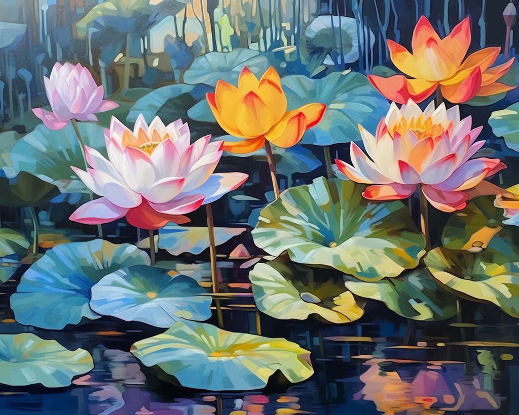 Yellow and Pink Lotus in the Pond Paint by Numbers