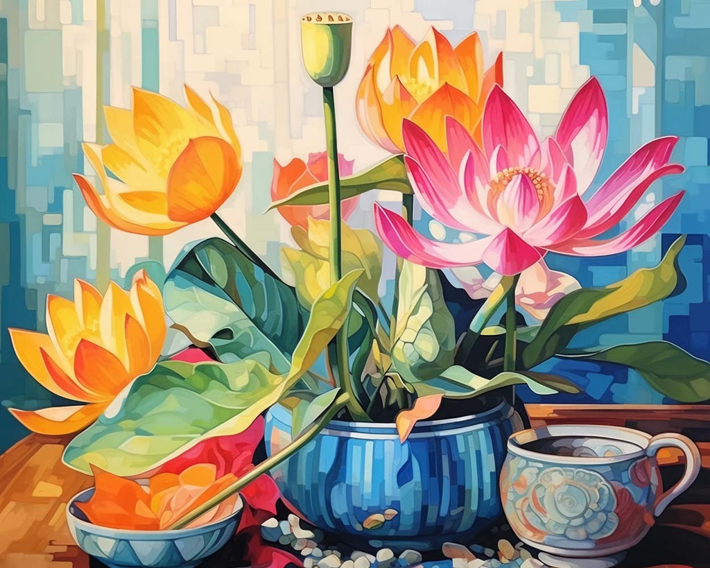 Yellow and Pink Lotus in Vase Paint by Numbers