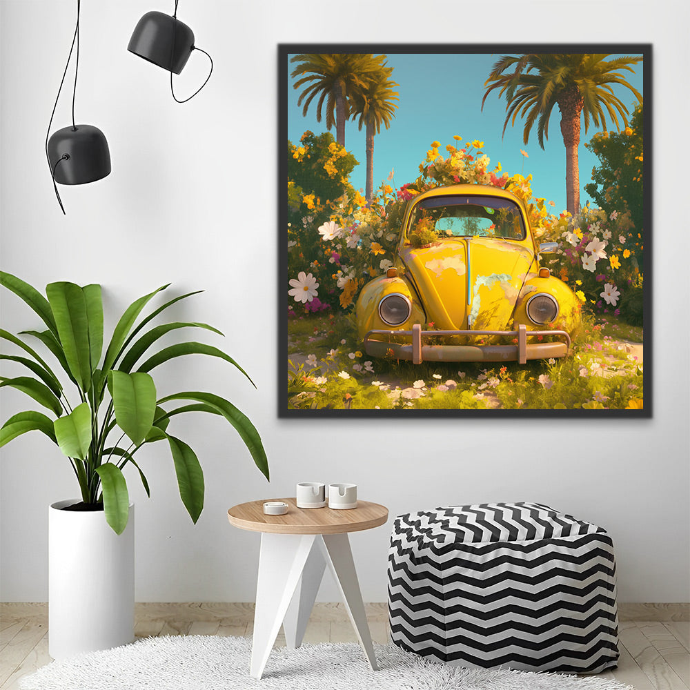 Yellow Car with Blooming Flowers Paint by Numbers