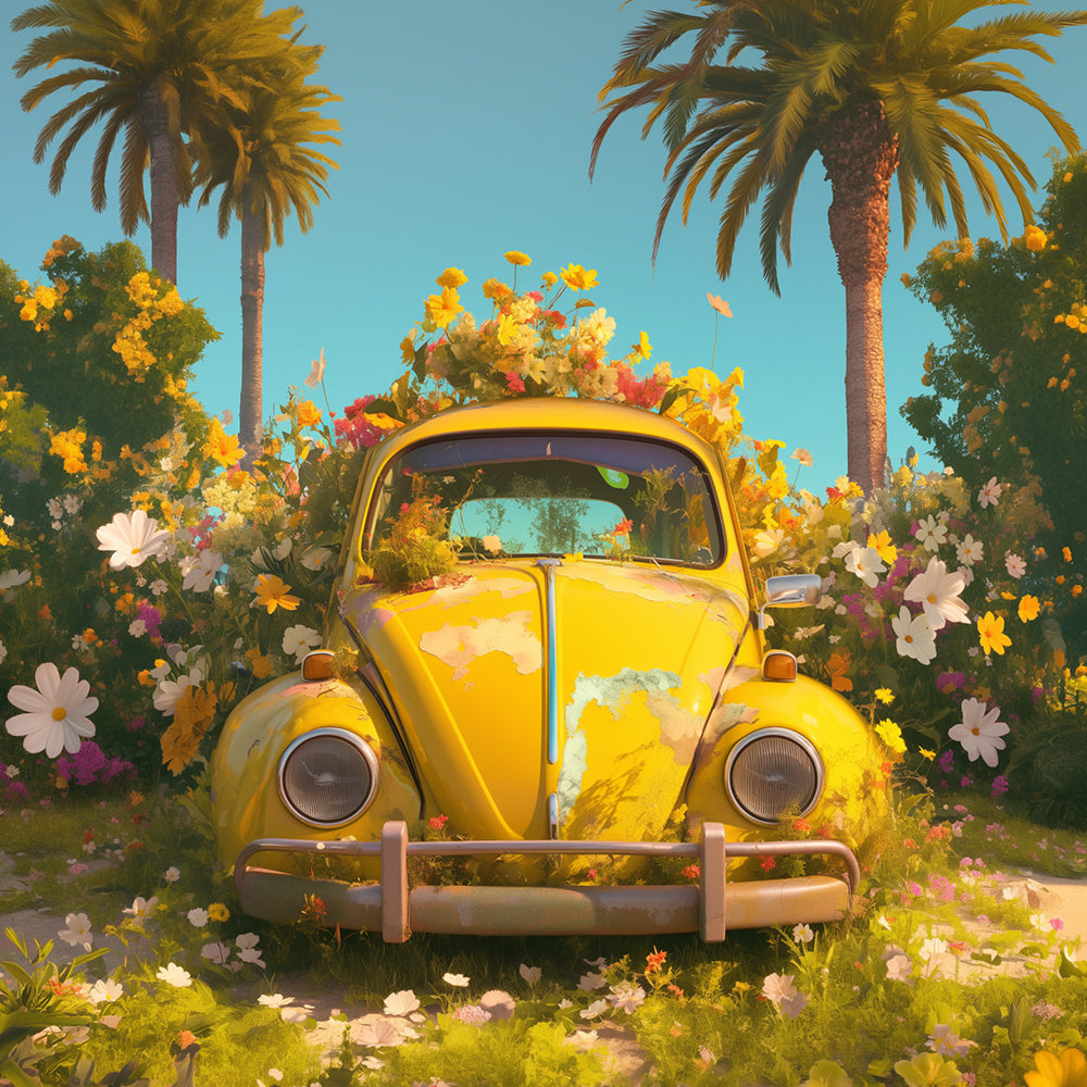 Yellow Car with Blooming Flowers Paint by Numbers