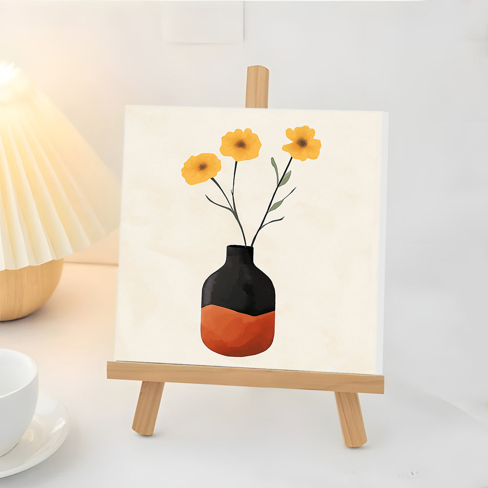 Yellow Flowers in Black and Orange Pot Mini Paint by Numbers