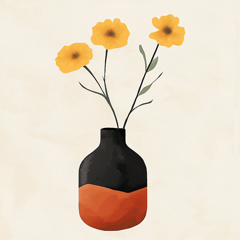 Yellow Flowers in Black and Orange Pot Mini Paint by Numbers