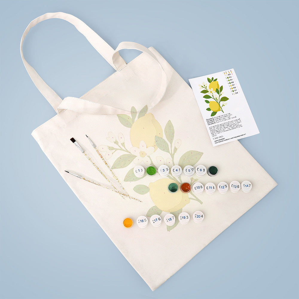 Yellow Lemons and White Flowers Canvas Tote Bag Paint by Numbers