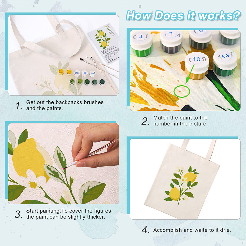 Yellow Lemons and White Flowers Canvas Tote Bag Paint by Numbers