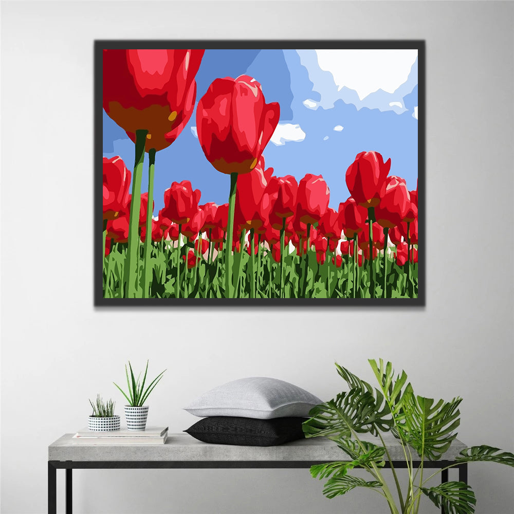 A Large Field of Red Tulips Paint by Numbers