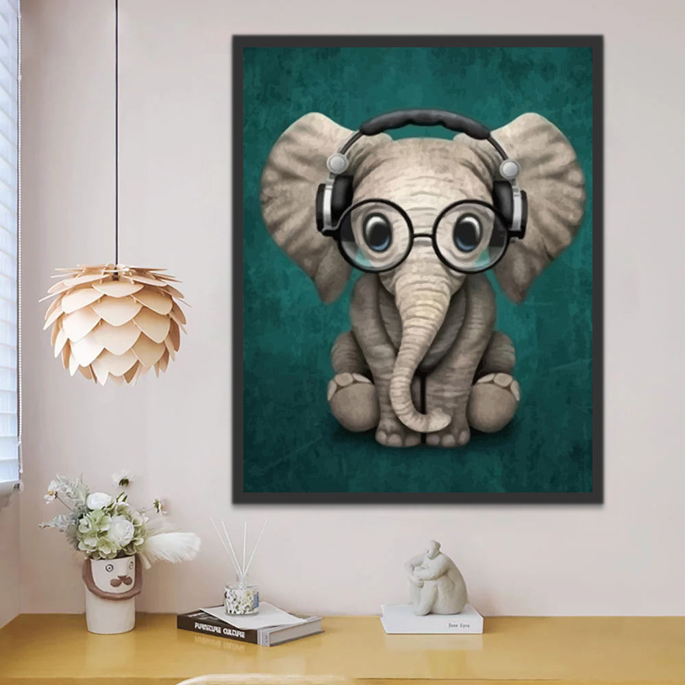 Baby Elephant Wearing Glasses and Headphones Paint by Numbers