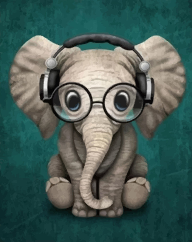 Baby Elephant Wearing Glasses and Headphones Paint by Numbers