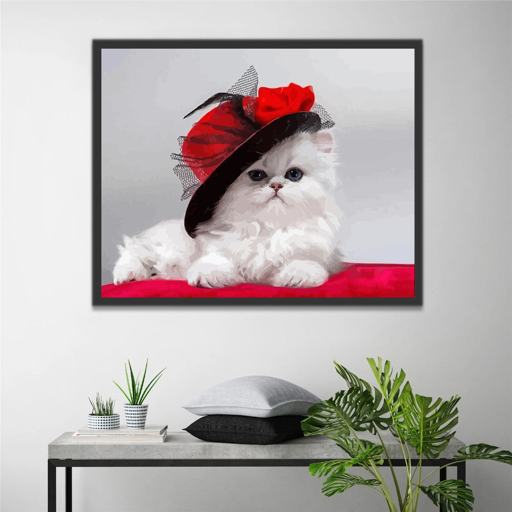 Beautiful White Cat Wearing Red Hat Paint by Numbers