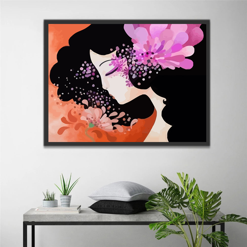 Beautiful Woman with Black Hair and Flowers Paint by Numbers