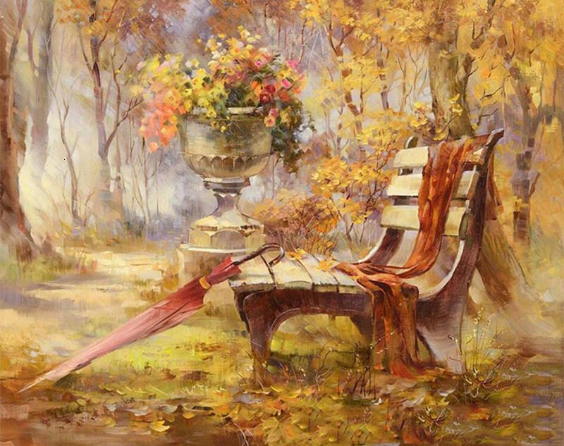 Bench and Umbrella in the Park in Autumn Paint by Numbers