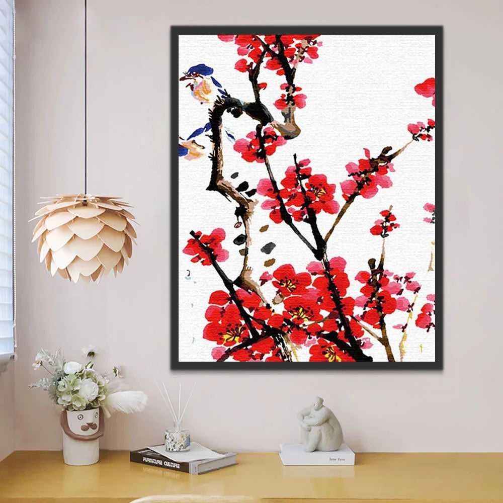 Birds on Red Plum Tree Paint by Numbers