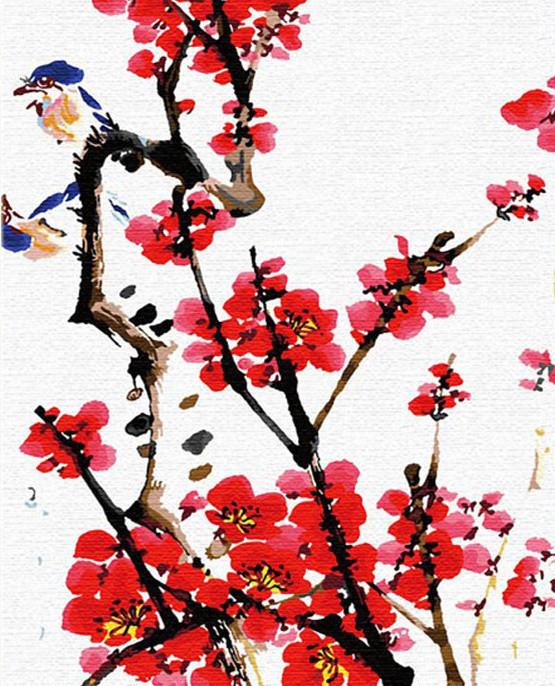 Birds on Red Plum Tree Paint by Numbers