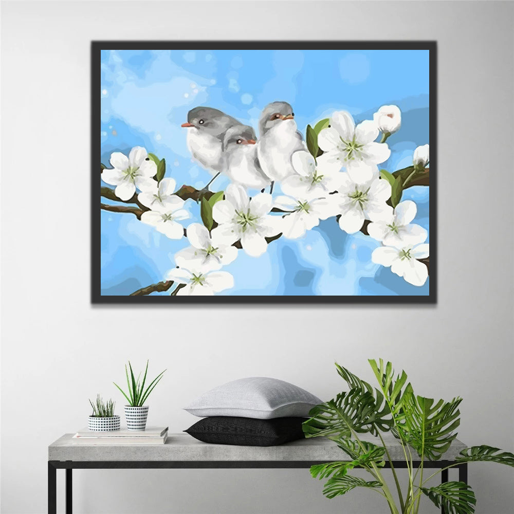 Birds on the Tree with White Flowers Paint by Numbers