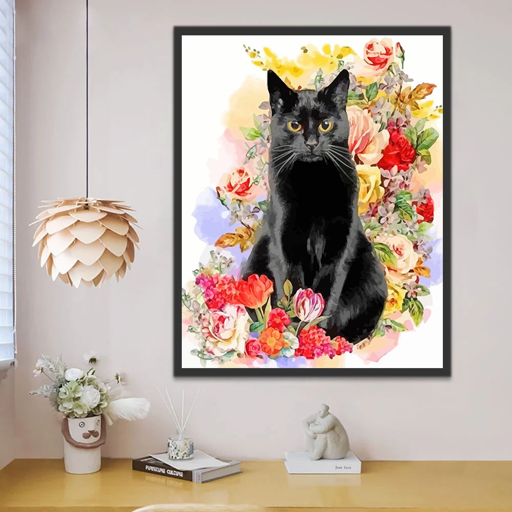 Black Cat and Colorful Flowers Paint by Numbers