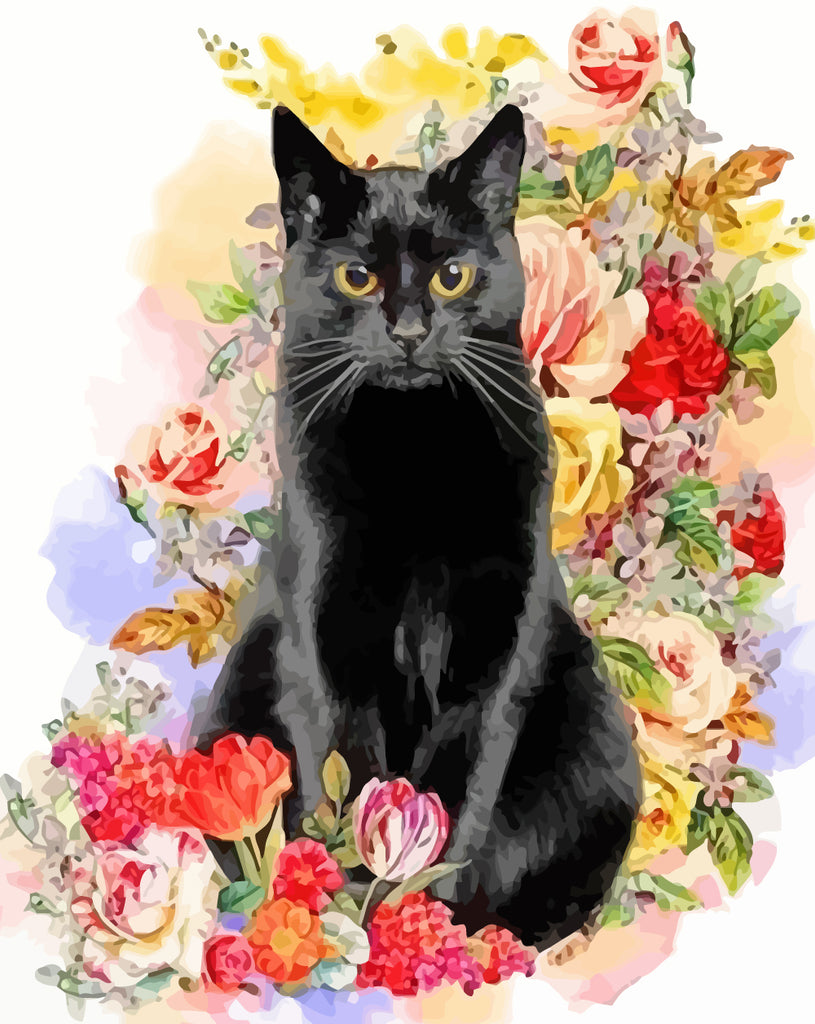 Black Cat and Colorful Flowers Paint by Numbers