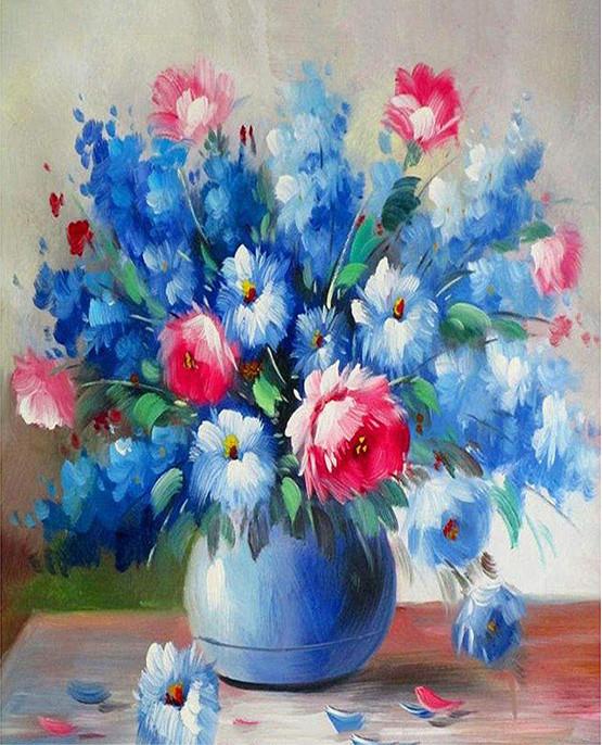 Blue and Red Flowers in Blue Vase Paint by Numbers